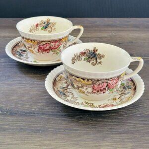 Vintage Johnson Bros Devonshire Cup & Saucer 2 Sets, Bird & Floral, Gadroon Edge